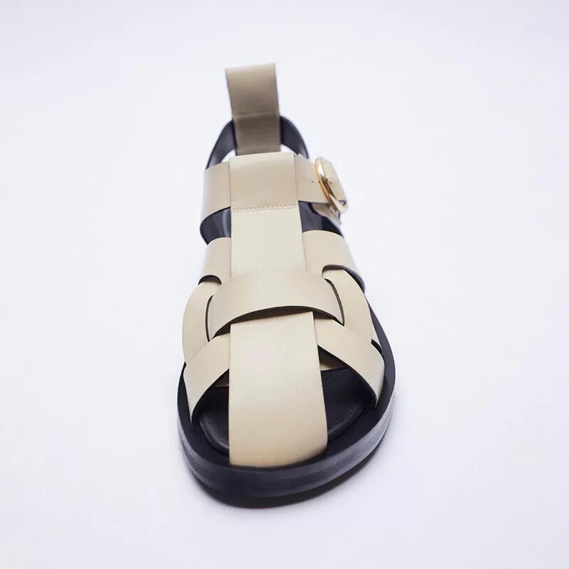 Sandalias de gladiador de cuero negro Retro para mujer, zapatos informales cerrados con tejido cruzado, zapatos planos de punta redonda para mujer, novedad de verano