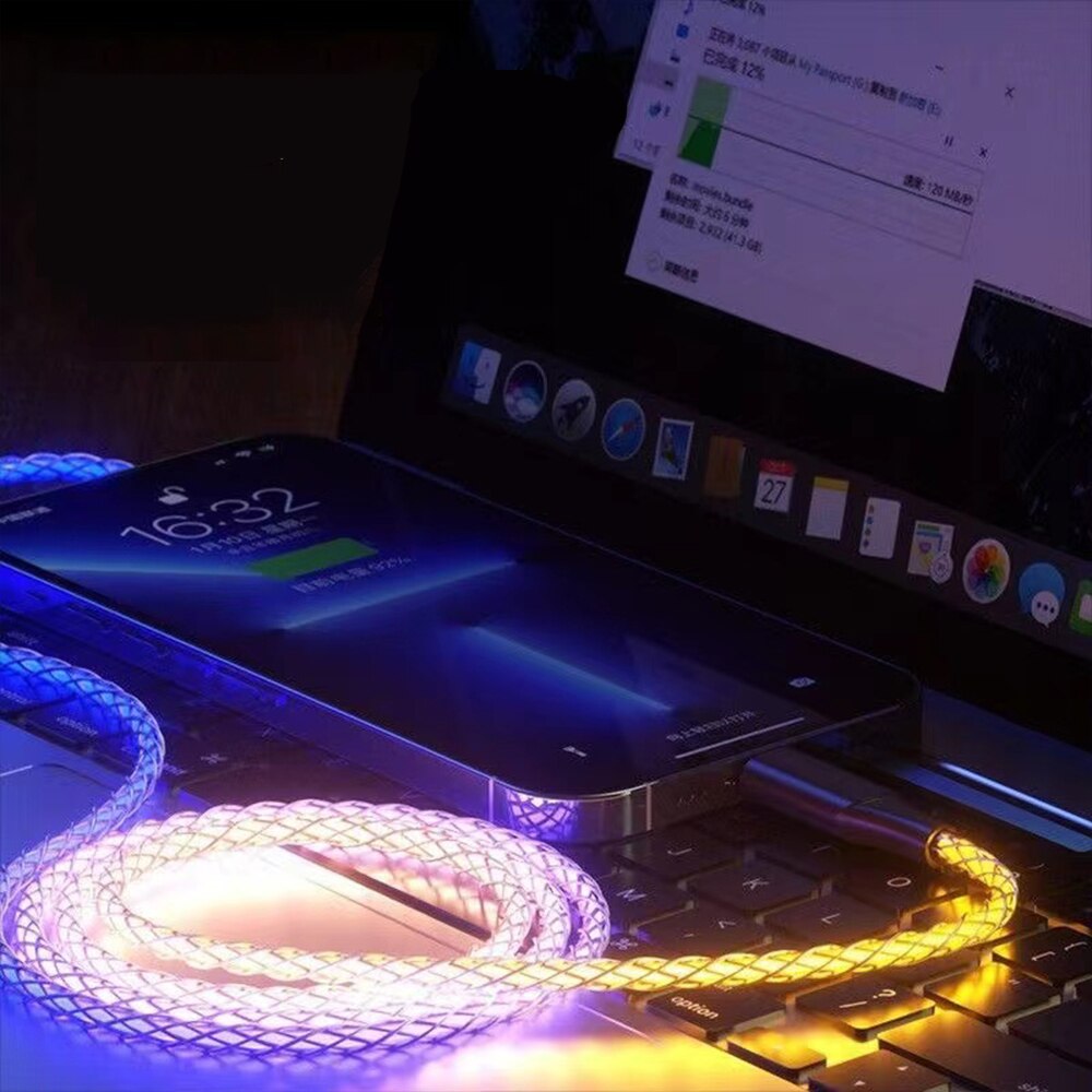 66W 6A Super Charge Soort C Kabel Led Rgb Gradiënt Licht Snel Opladen Usb C Draad Voor Iphone Huawei xiaomi Type-C Gloeiende Lijn