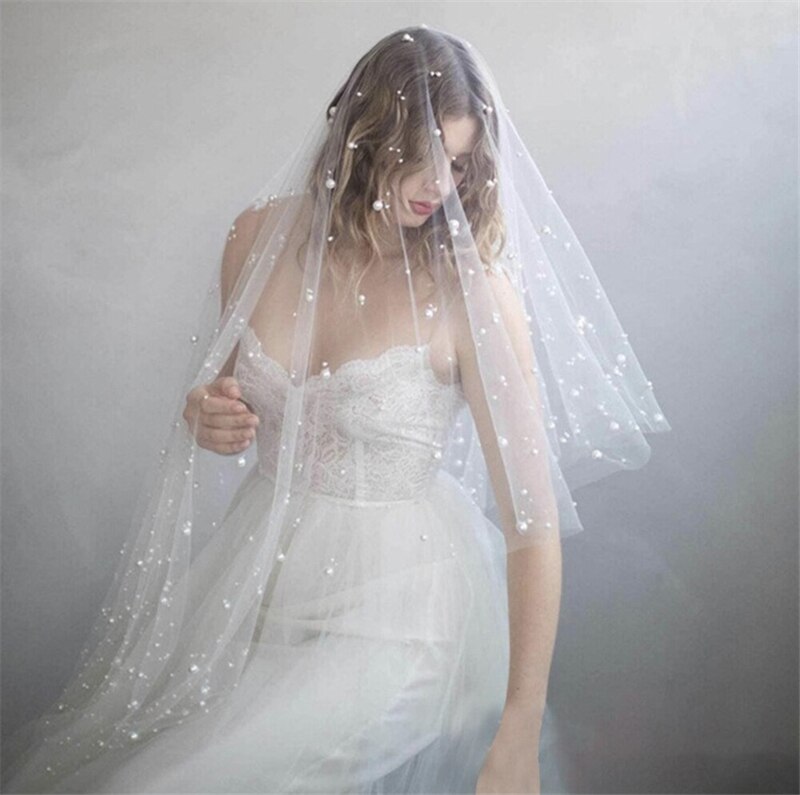 Voile de mariée blanc/ivoire/Champagne, Long deux niveaux, couvrant le visage, avec perles, avec peigne