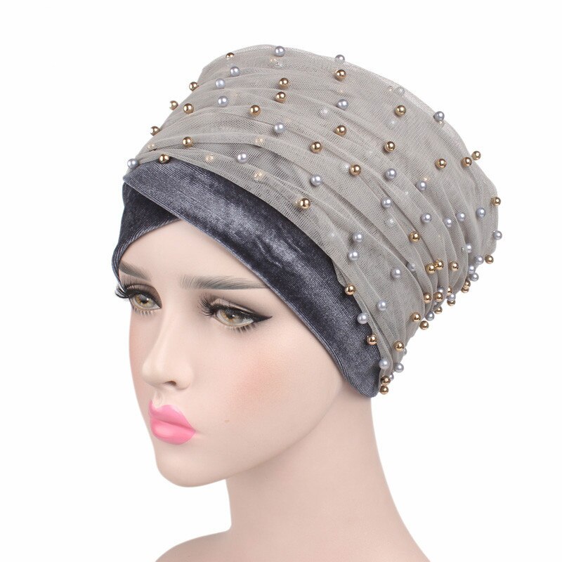 Neue Frauen Perlen Schal Hütte Muslimische Frauen Hijabs Turban Hüte Indische Kappen wickeln Kappe Lange Kopf Schal Kopftuch Hüte Haar zubehör: Stil246-2