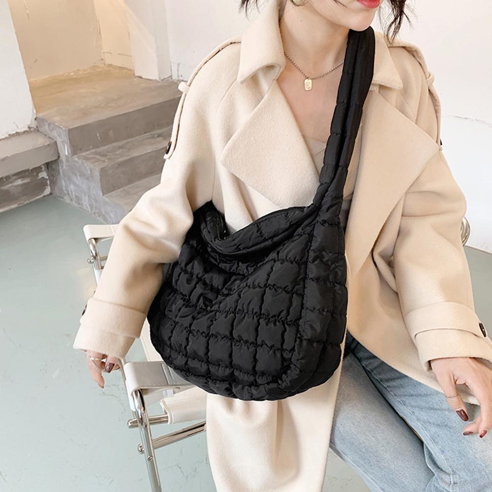 Lattice Pattern Shoulder Bag Space Cotton Handbag Women Large Capacity Tote Bags Feather Padded Ladies Quilted Shopper Bag