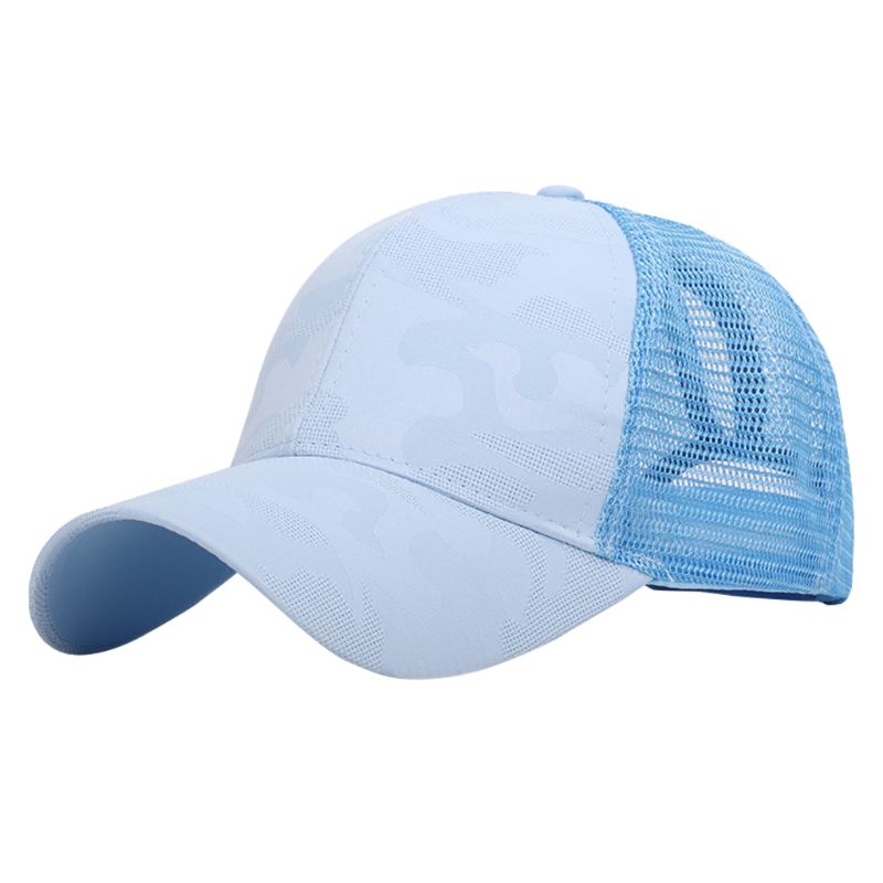 Frauen Sommer modisch Pferdeschwanz chaotisch Brötchen Baseball Deckel Hüfte hüpfen Tarnung Jacquard Gittergewebe Zurück Einstellbare Hysterese Hütte: Himmel Blau