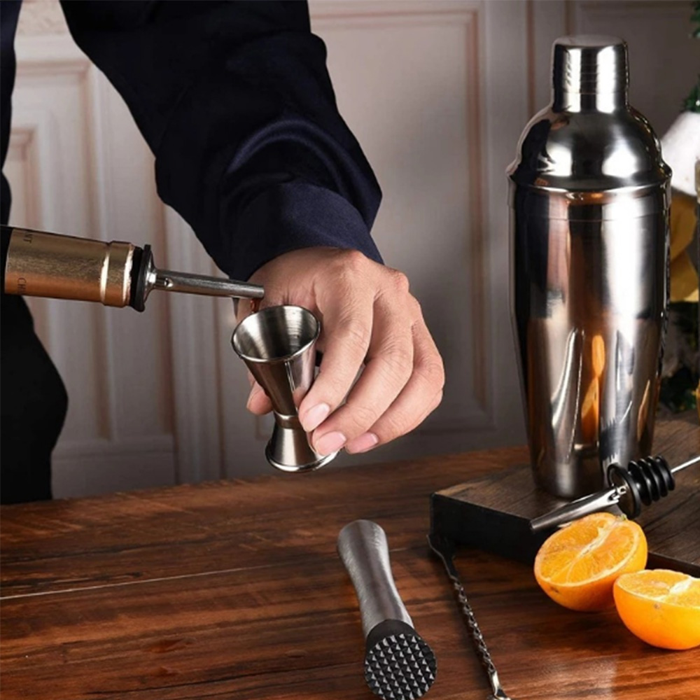 Stainless Steel Bartender Tools Bars Mixed Drinks Jigger Mixing Spoon Tong Wood Storage Stand Mocktail Tools Cocktail Shaker Set