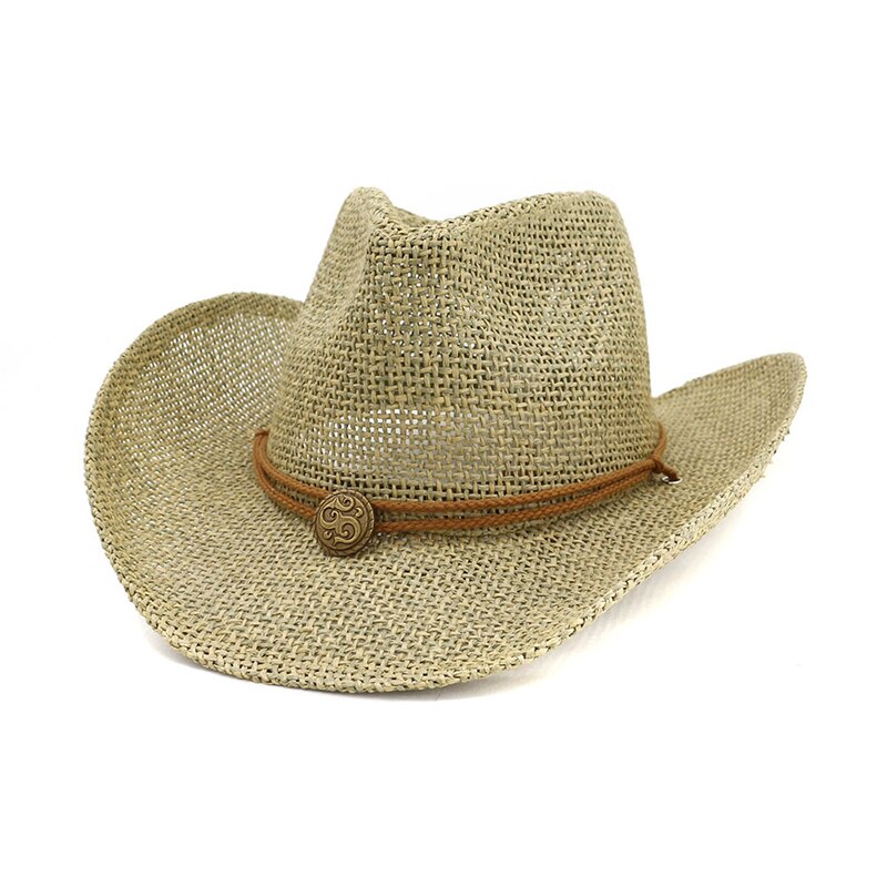 QDKPOTC Summer Unisex Western Cowboy Hats Hollow Straw Cap With Rope Outdoor Sandy Beach Men Women Caps Sun Hats