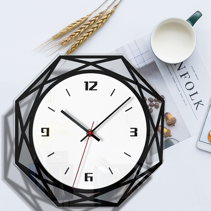 Stille grote acryl wandklok 3d digitale moderne zwarte quartz hanghorloge met muurstickers voor de keuken