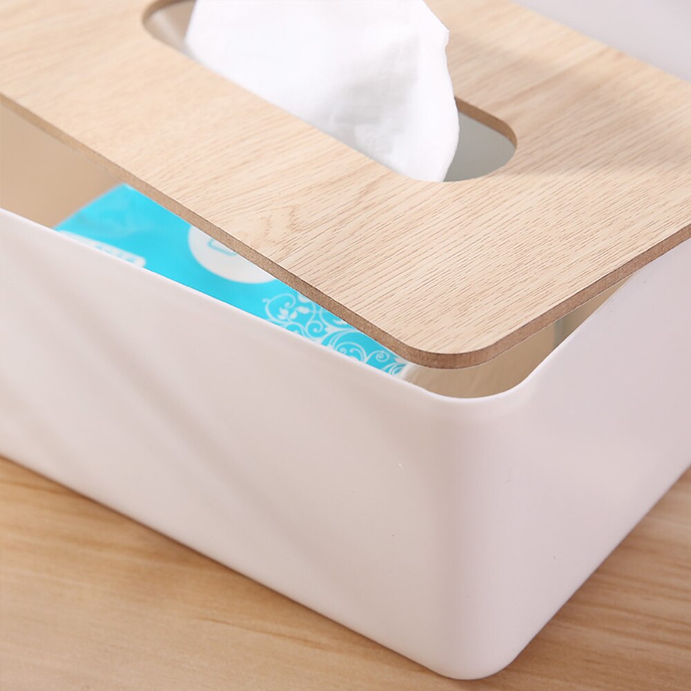 Caja de pañuelos de plástico con cubierta de madera, recipiente de servilleta de cocina para el hogar, caja de pañuelos, caja blanca para servilletas, organizador de papel tisú