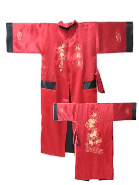 Rød sort kinesisk #39 vendbar silke satin broderikåbe kimono badekjole drage one size r -005