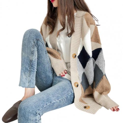 Women Sweaters Cardigan Coat Rhombus Pattern Long Sleeve Buttons Knitted Cardigan Sweaters for Women Autumn Cardigan Knitwear: Khaki
