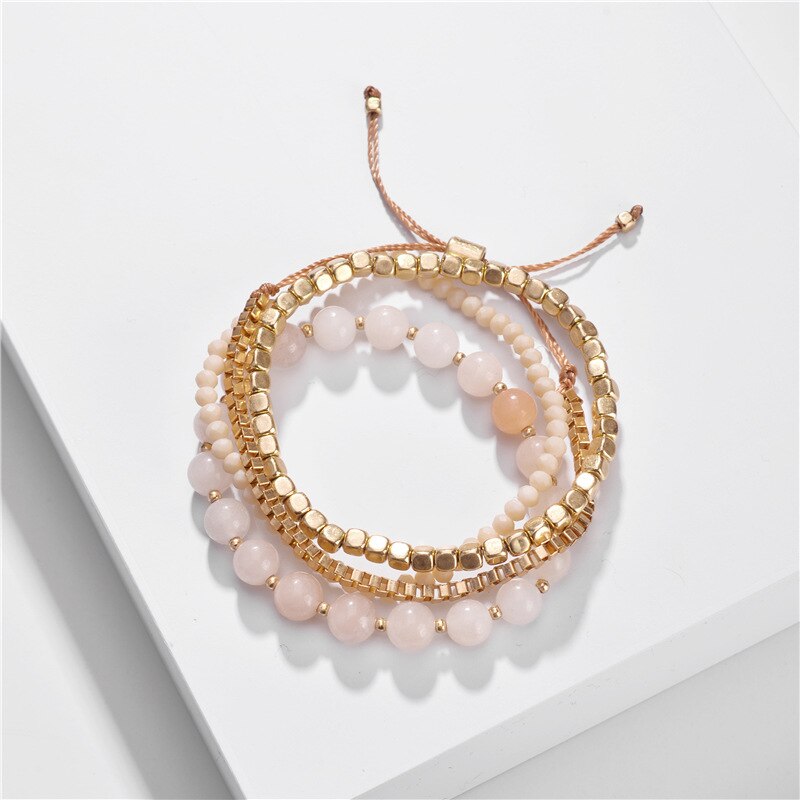 Jewelry 4 Layers Stacked Beaded Bracelets Set Stackable Natural Stone Chain Link Bracelet: Pink