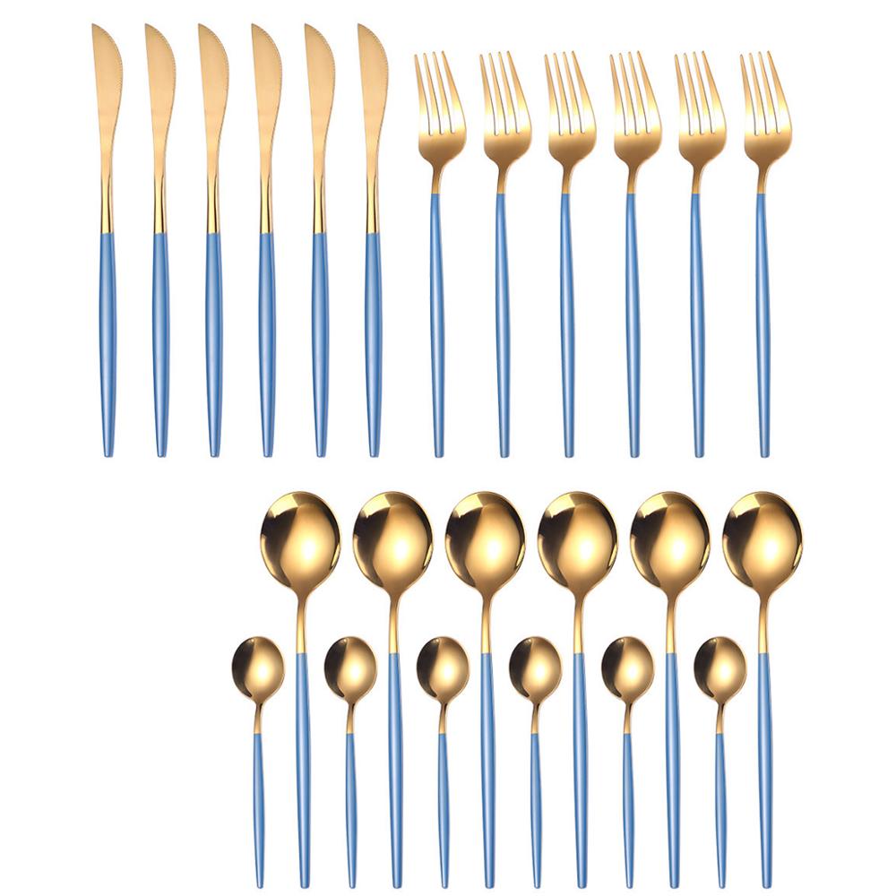 24Pcs Cutlery Set Kitchen Tools Gold Dinnerware Set Stainless Steel Knife Fork Spoon Tableware Set Home Table Decoration Gold: Blue Gold-24PCS