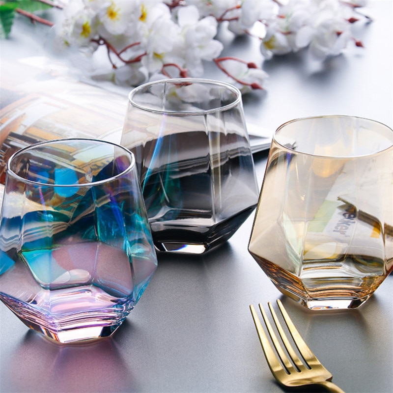 Krystallglass kopp gylden kant gjennomsiktig kaffe melk te krus geometrisk whiskyglass hjem bar drinkware par
