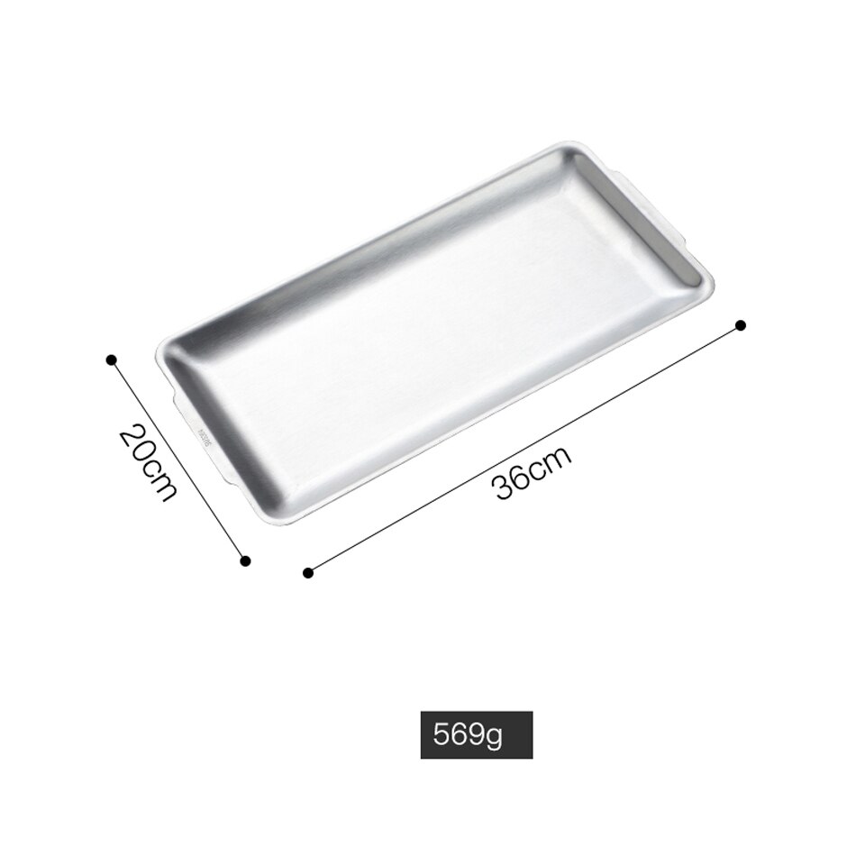 Tykk rustfritt stål serveringsfat restaurant fisk grillspyd sjømatte sushi tallerken rektangulær stor flat oppbevaringsbrett: Sølv -36cm