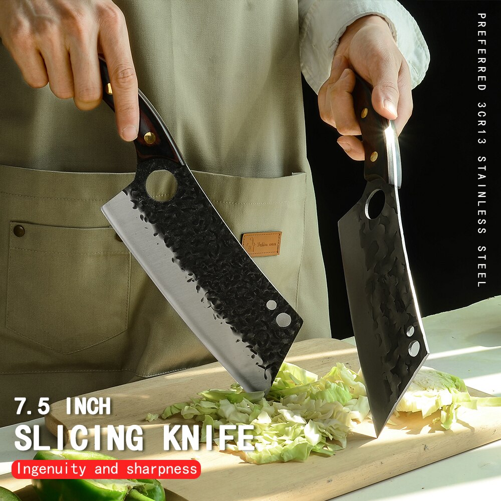 7.5'' INCH Stainless Steel Kitchen Chef Knife Cleaver Machete Chopping Knife Wood Handle Slaughter 3CR13 Sharp Blade Tools Set
