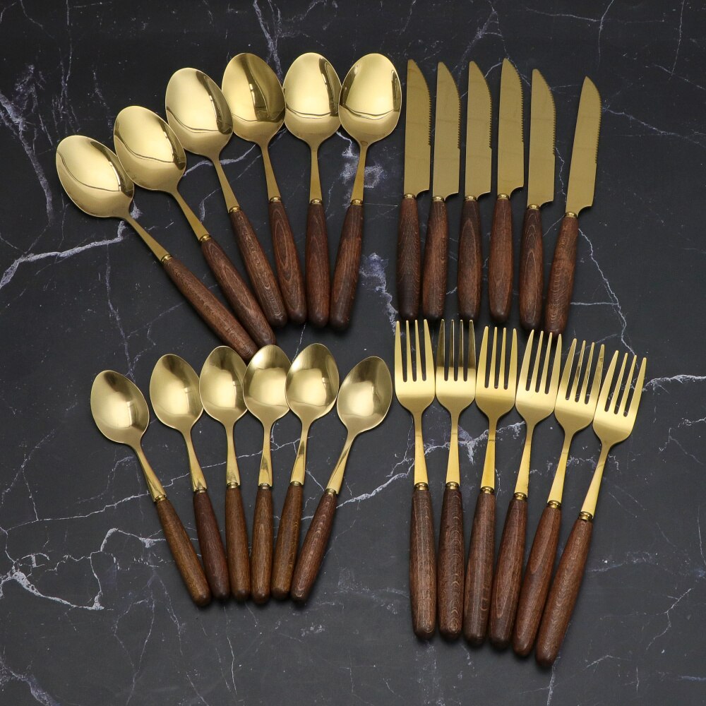 Jaswehome Flatware Cutlery Set Durable Stainless Steel Tableware Wooden Handle Gold Dinnerware Spoons And Forks Set 4-24-pieces