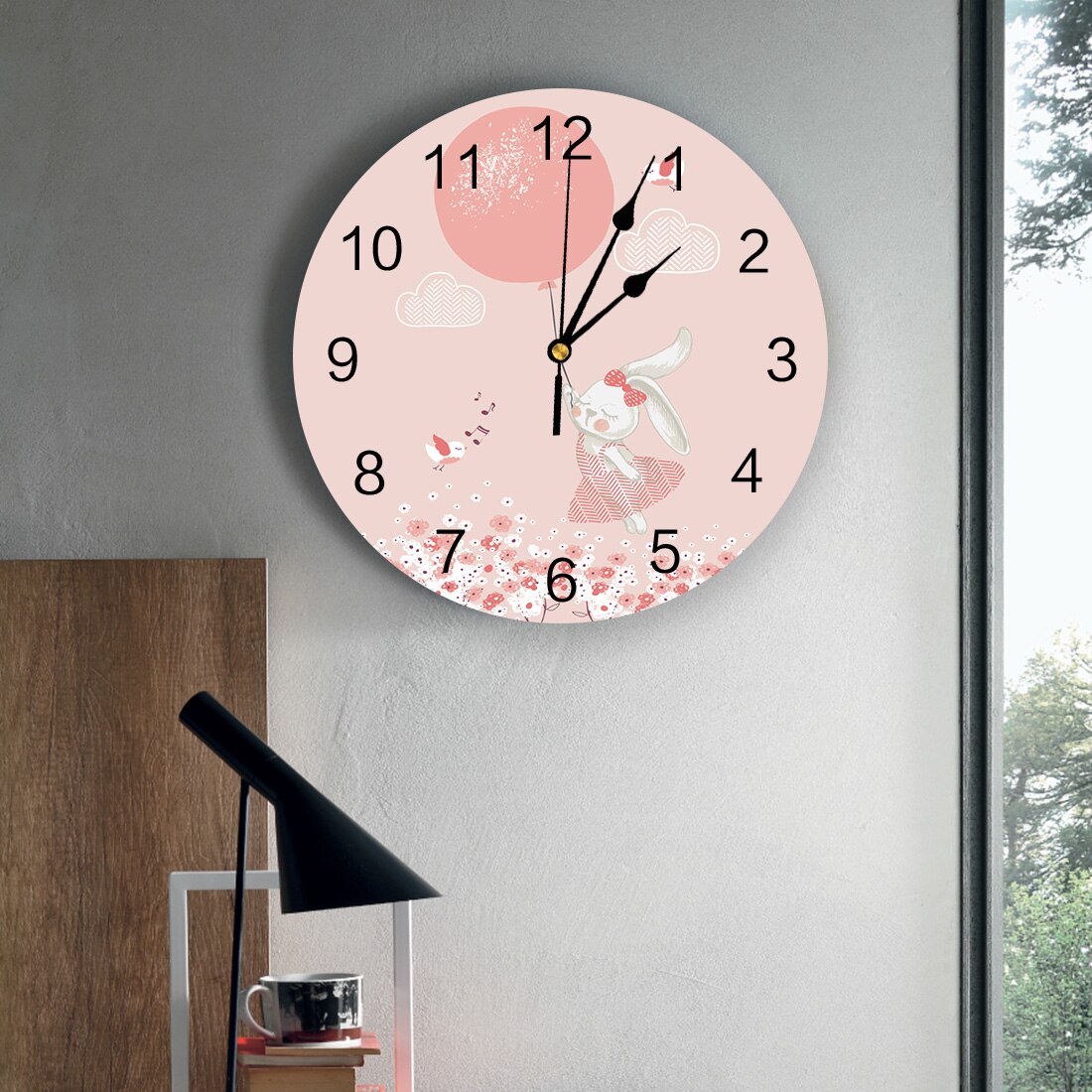 Pink Bunny Cartoon Comic Art PVC Wall Clock Home Decor Bedroom Silent Clock Kitchen Living Room Wall Digital Clock