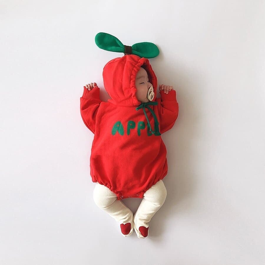 Bebé de invierno otoño niña Bodysuit niño Bebe mamelucos con capucha Manzana Roja Banana disfraz de naranja