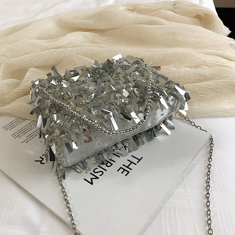 Luxe Zilveren Pailletten Strass Kwastje Vrouwen Kleine Schoudertassen Keten Elegante Dames Feestavond Clutch Purse