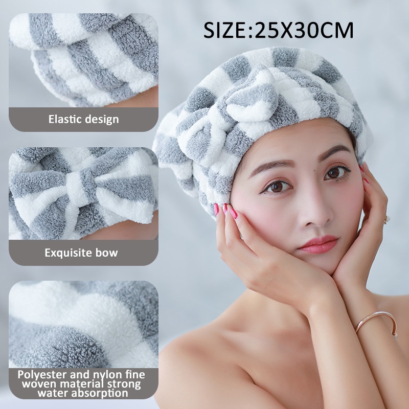 Bonnet serviette à noeud, séchage rapide des cheveux, pour femme,motif rayé, accessoire pour la salle de bain, très absorbant, pour la douche