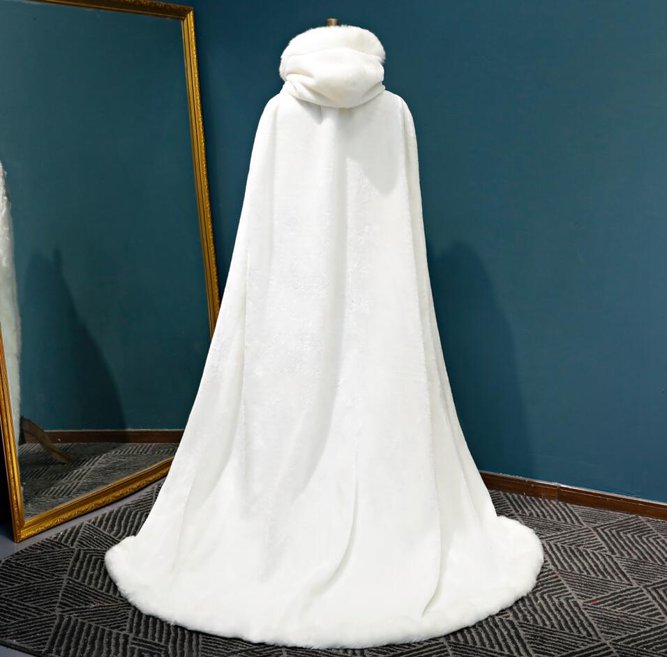 Cape de mariée en fausse fourrure blanche chaude, magnifique Cape de mariage à capuche, longue veste enveloppante de fête, châle blanc/ivoire