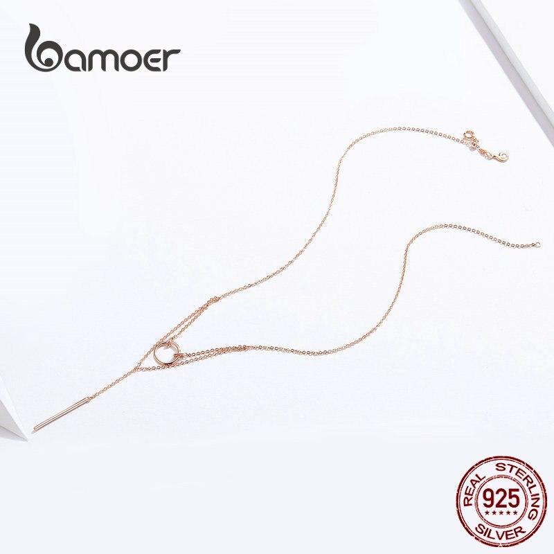Bamoer Doppi Strati Geometrica Collana Girocollo per Le Donne Autentico 925 Argento Sterlina in Oro Rosa di colore Gioelleria Raffinata E Alla Moda BSN078