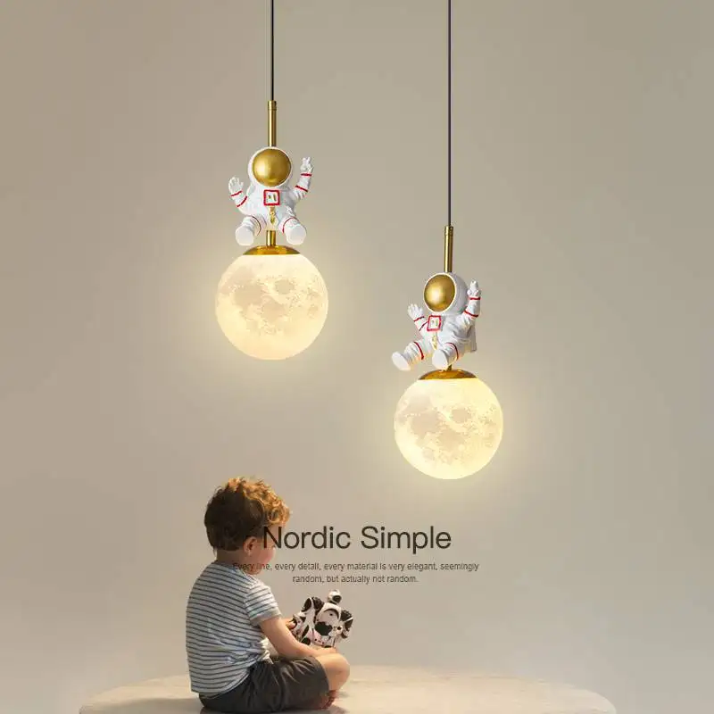 Lámpara colgante para la cama de la habitación de los niños, luz minimalista moderna, lámpara de lujo para dormitorio de niño, lámpara de Luna, candelabro pequeño de astronauta