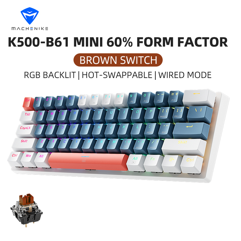 Machenike K500-B61 Mini klawiatura mechaniczna 60% Form Factor 61 klawiszy Klawiatura do gier Przewodowa pełna klawiatura z możliwością wymiany podczas pracy Podświetlana RGB: Niebieski