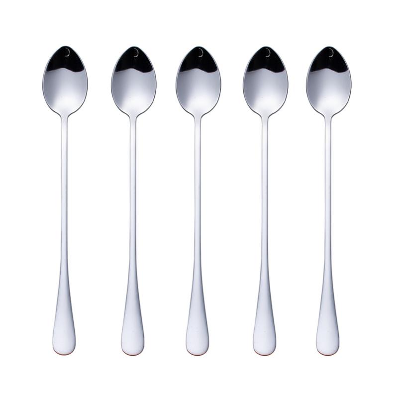 5Pcs Stainless Steel Coffee Spoon Juice Stirring Long Handle Tea Spoons Dessert Spoon Flatware Set Kitchen Drinking Cutlery Set: Silver 19cm