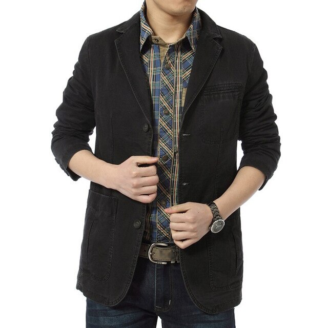 Blazer Mannen Casual Blazers Katoen Denim Parka Mannen Slim Fit Jassen Legergroen Kaki Grote Maat M-XXXL 4XL Buiten uitloper Jas: Black / L