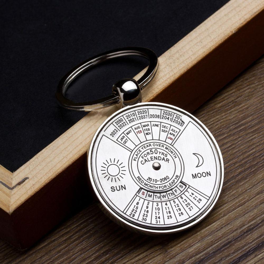 Porte-clés Calendrier Perpétuel 50 Ans En Métal Argenté - Design Soleil & Lune Rotatif - Cadeau Bureau/Voiture - 9