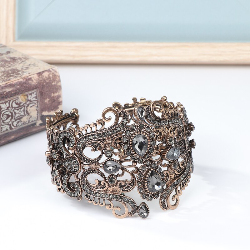 Kinel Vintage Indian Wide Gray Crystal Flower Cuff Bangle For Women Antique Gold Spring Bracelet Turkish Wedding Jewelry