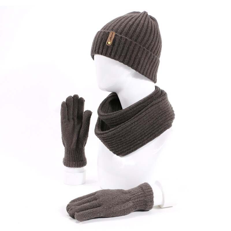Vinter strikning skullies beanies hat tørklæde handsker sæt til mænd kvinde ensfarvet varm kasket udendørs tyk tørklæde handsker kasketter sæt: D
