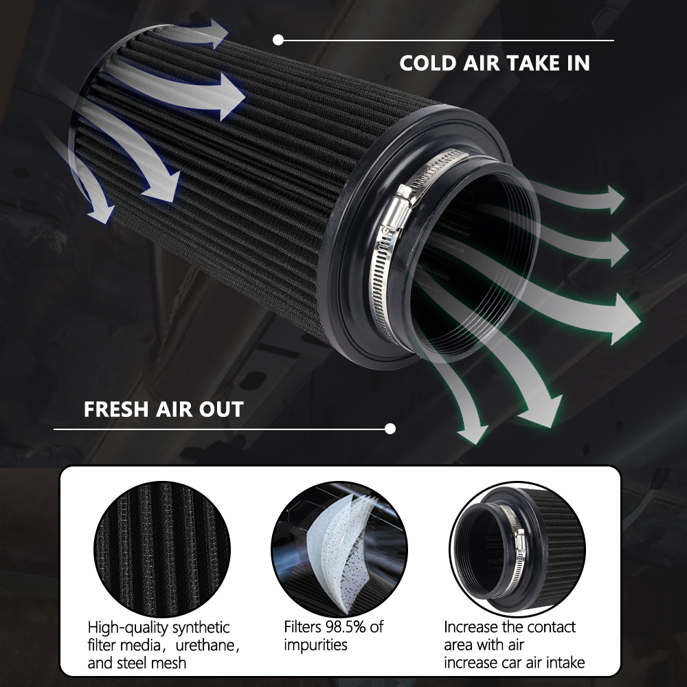 76mm 89mm 102mm 3" 3.5" 4" Universal High Flow Cold Air Intake Air Filter 10.6" Tall Washable Air Filters With Adapters OFI141