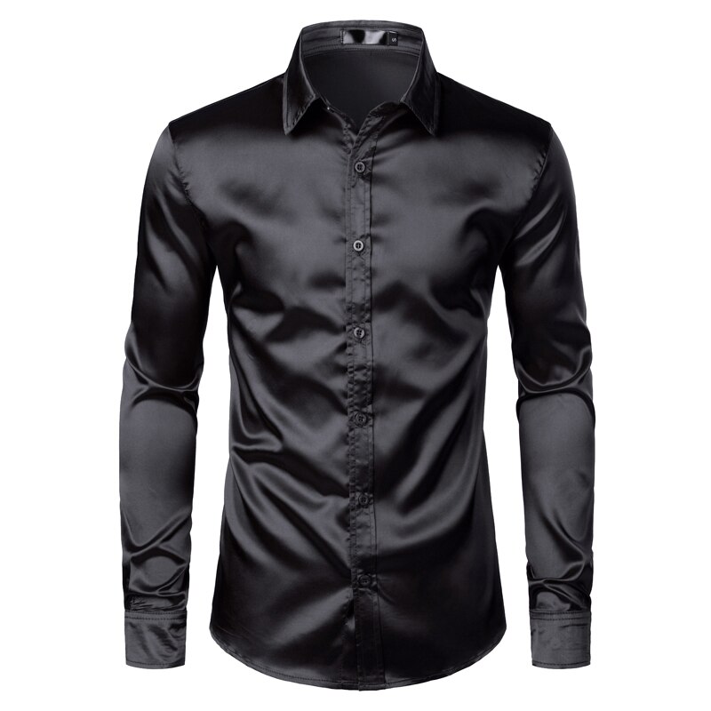 Chemise en satin noir pour homme, vêtement en soie lisse, coupe mince près du corps style smoking, idéal pour une fête décontractée, un mariage ou un bal, collection luxe