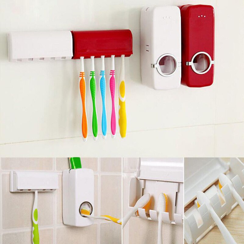 Wandmontage Automatische Tandpasta Dispenser + 5 Tandenborstelhouder Stand Badkamer Zuig Muur Wassen Set Tand Zorg Badkamer Product