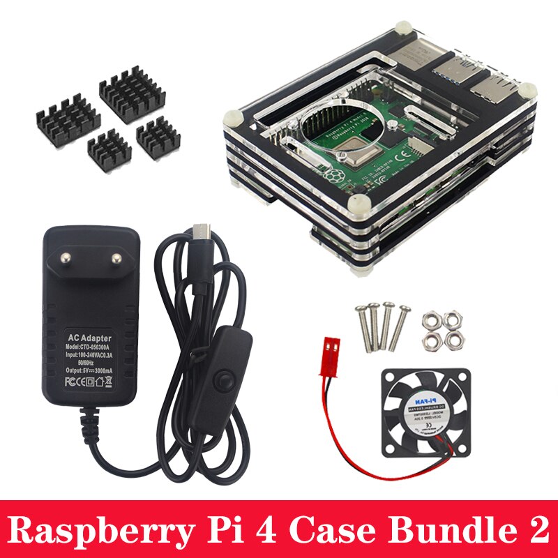 9 Layers Acrylic Case for Raspberry Pi 4 Model B with Cooling Fan Aluminum Heat Sink Power Supply Adapter Charger for Pi 4
