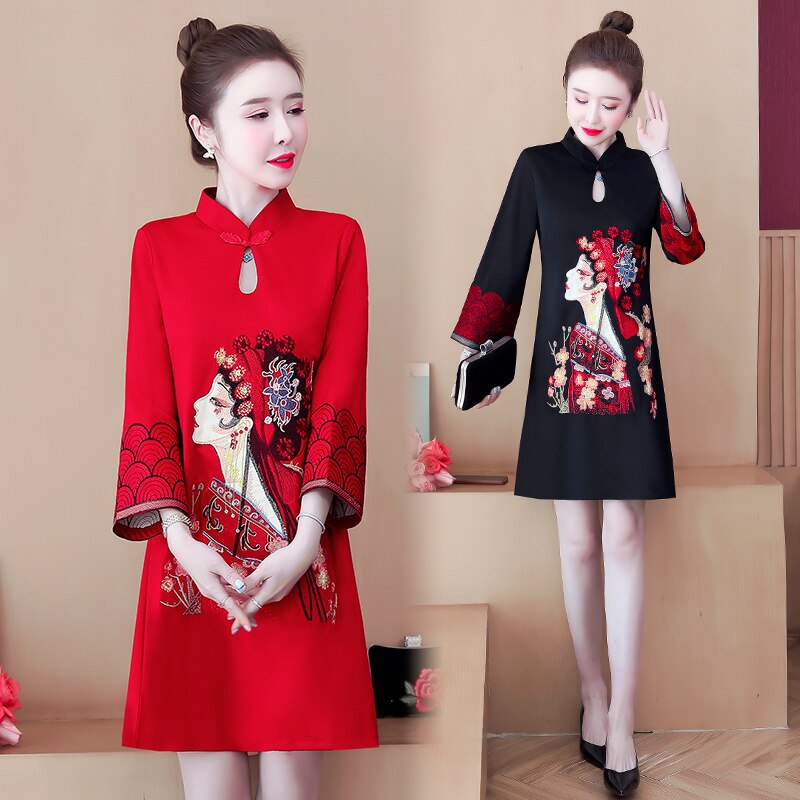 Qipao negro y rojo bordado para mujer, vestido chino Vintage de estilo étnico, Cheongsam moderno, novedad de otoño, 2022