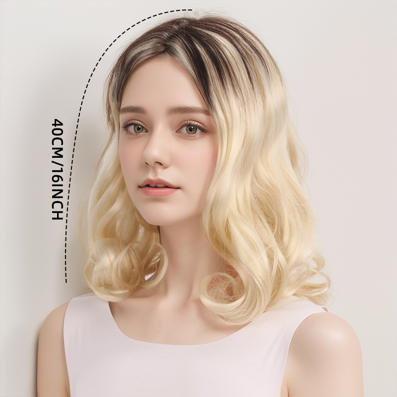 Skulderlangt kort hår litt krøllete hår midtskill gradient brun gull dame utkledningsparykk myk syntetisk varmebestandig og slitesterk egnet for daglig utkledning og fest cosplay-parykk festartikler hårfrisyre utkledning