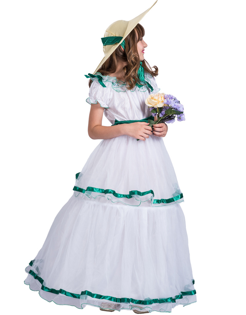 Victorian Girls Southern Belle Layer White Princess Dress Halloween Costume Cosplay Long Dress Carnival Easter Purim