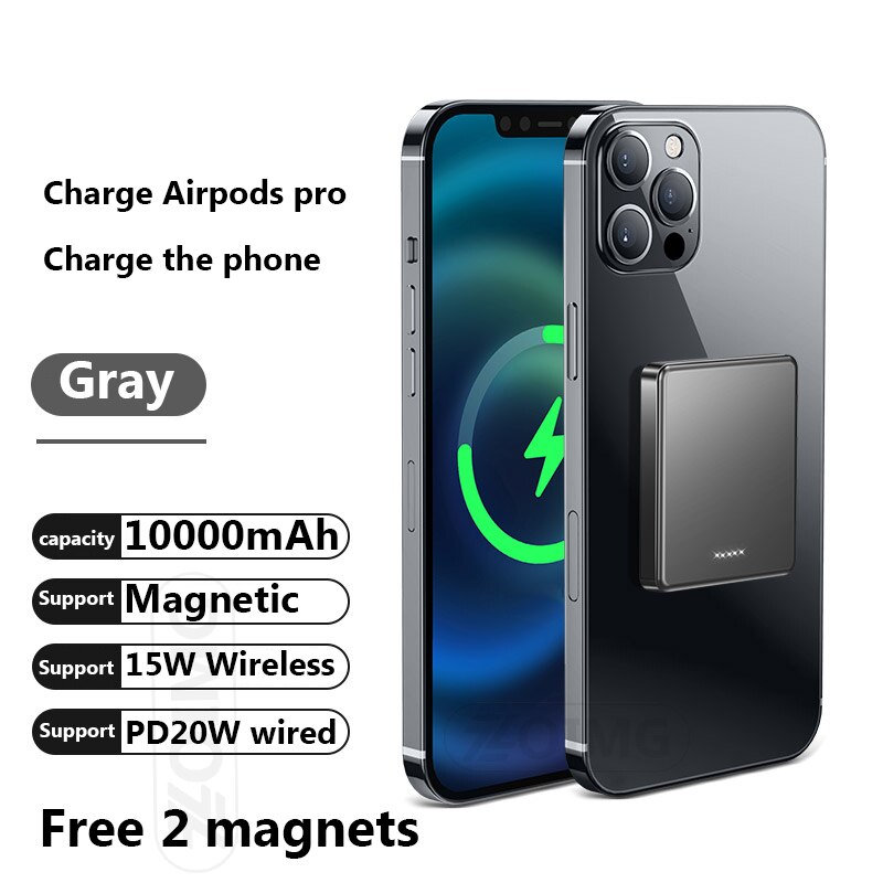 Banco de energía magnético de 10000mAh, carga rápida inalámbrica de 15W para iphone 12, 12Pro, 12proMax 12, mini cargador Magsafe, batería de teléfono móvil: 10000Gray