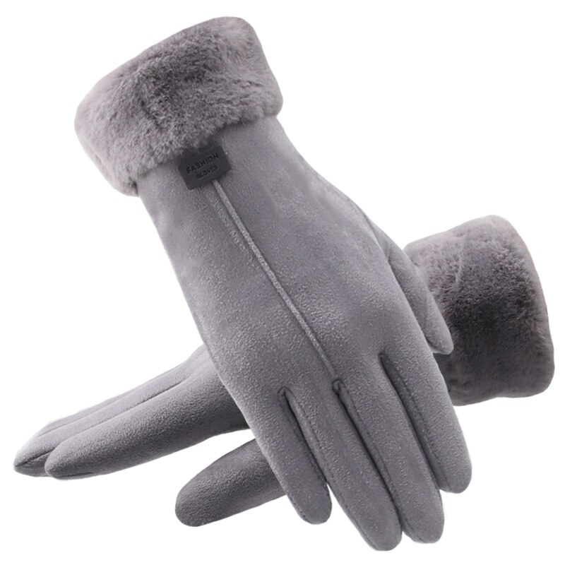 Vinterhandsker til kvinder berøringsskærm dame ruskind varm plys inde fingerhandsker kvindelige vinter bløde sorte vanter handsker: Grå