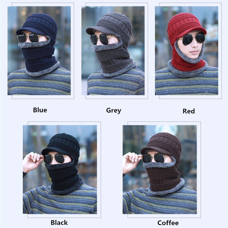 Fortykkelse strikket uldhue mænd vinter hat holde varm motorhjelm balaclava ansigtsmaske hatte kvinder beanie dobbelt brug hat & tørklæde
