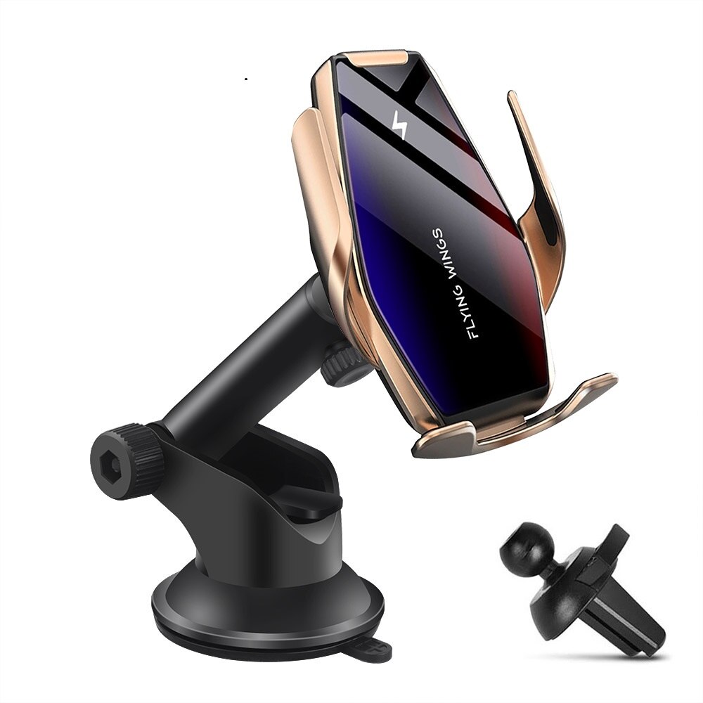 Fdgao 15W Quick Qi Wireless Car Charger Infrarood Automatische Spannen Air Vent Mount Zuignap Auto Telefoon Houder Glas oppervlak: 2 in 1 Gold