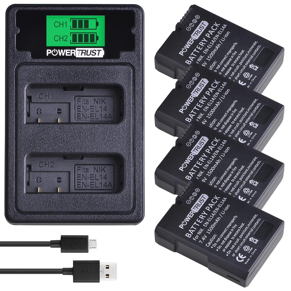 EN-EL14 EN-EL14A Battery+LCD USB Dual Charger with Type C Port for Nikon D3100 D3200 D3300 D3400 D3500 D5600 D5100 D5200 P7000: 4B with charger