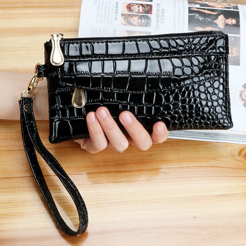 Couro de patente carteiras femininas fallow longo senhoras duplo zíper carteira bolsa de embreagem design vermelho bolsas de crocodilo