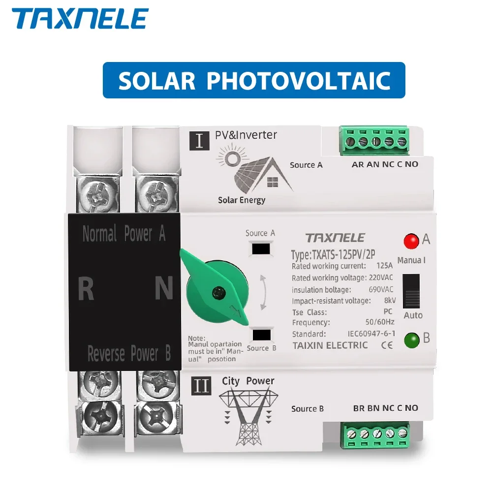 Lärm Schiene ATS PV Solar- Wandler Dual Energie Automatische Transfer Wahlschalter Unterbrechungsfreie 2P 63A 100A 125A Photovoltaik