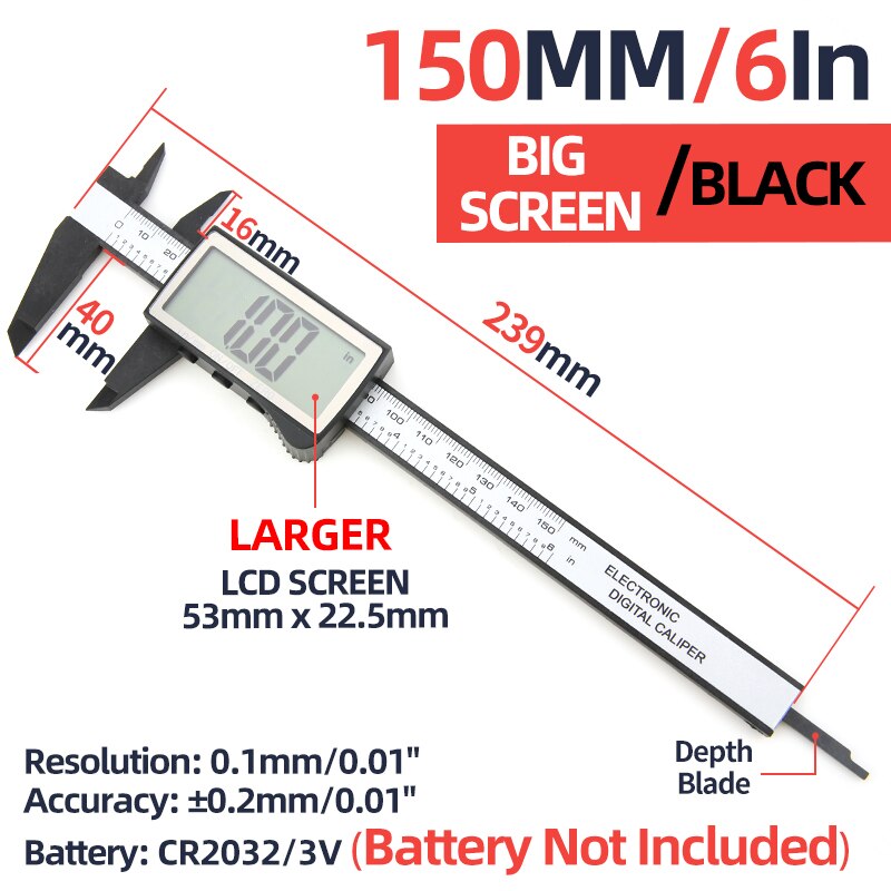 Pied à coulisse numérique électronique en plastique, Vernier, jauge d&#39;épaisseur, règle micrométrique, outils de mesure, Instrument, tachymètre: Big Screen Black150