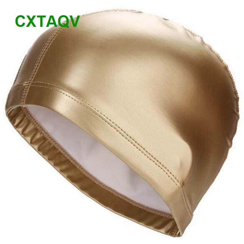 Comfortable Fit Adult Men Women Blank Swimming Cap Elastic Waterproof PU Fabric Protect Ears & Long Hair Swim Pool Hat: Gold