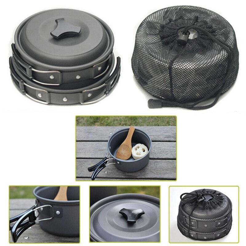 8pcs/set Outdoor Camping Pot Kits Portable Combination Picnic Pots Cookware Cooking Bowl Pan Kits for Backpacker Travel Supplies