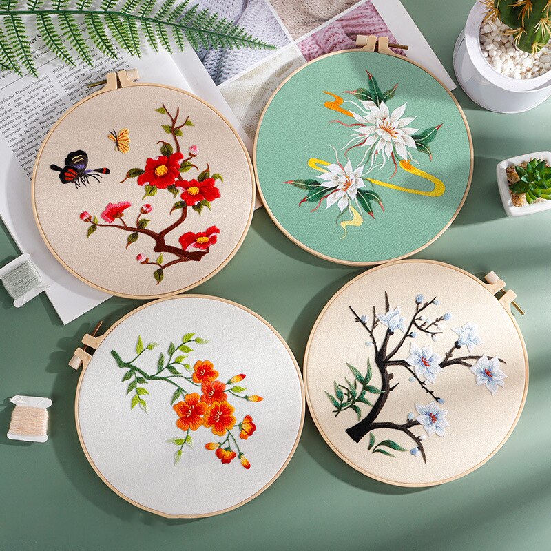 Chinese DIY Embroidery Art Kit Flower Pattern Printed Needlework Cross Stitch Hoop Set Sewing Craft Painting
