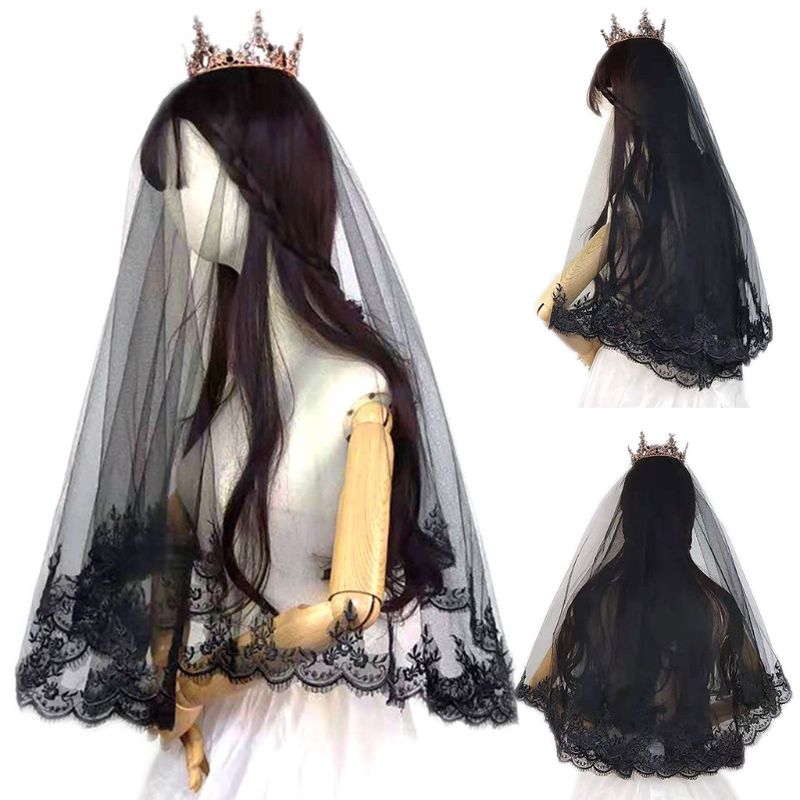 Mantilla de capa única para mujer y niña, velo negro para boda, bordado de pestañas, adorno de encaje Floral, disfraz de Cosplay de Halloween